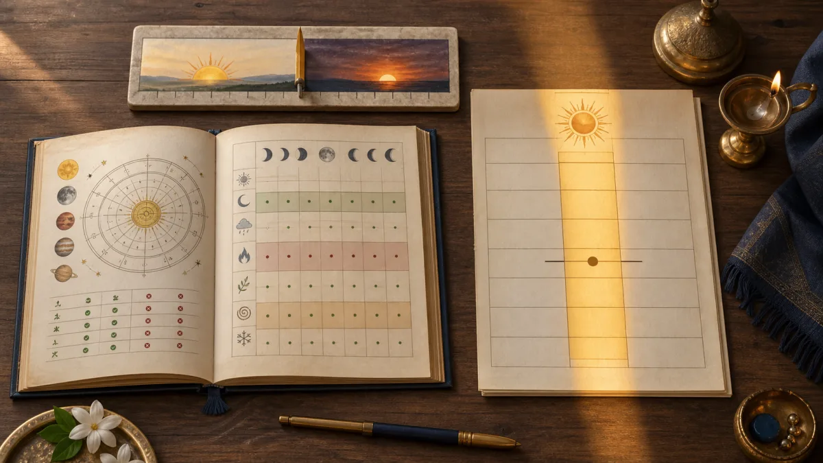 A daily muhurat workflow with sunrise, Panchang symbols, and a golden midday planning window