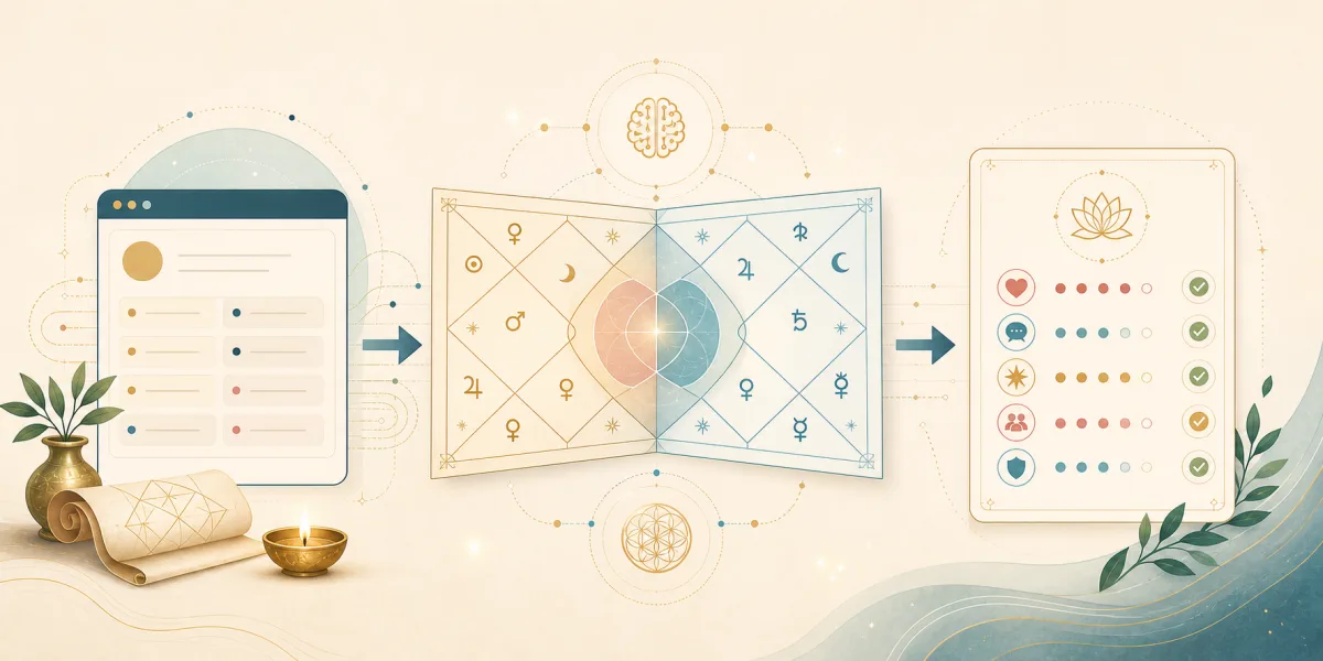 A left-to-right AI kundli matching workflow showing birth details, chart comparison, and relationship guidance results