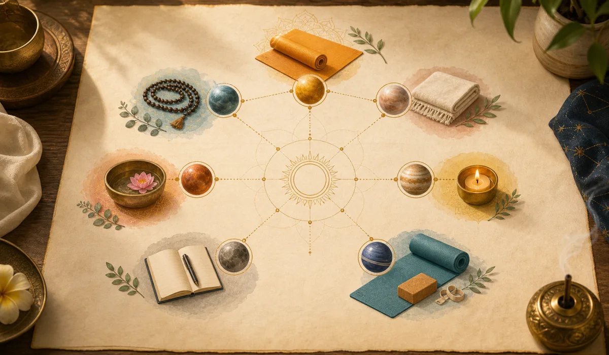 A planetary yoga practice map with mats, mala beads, breath tools, and reflective symbols