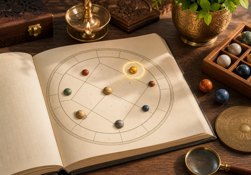 Open astrology notebook showing a highlighted planet bead used to identify Atmakaraka in a Vedic chart