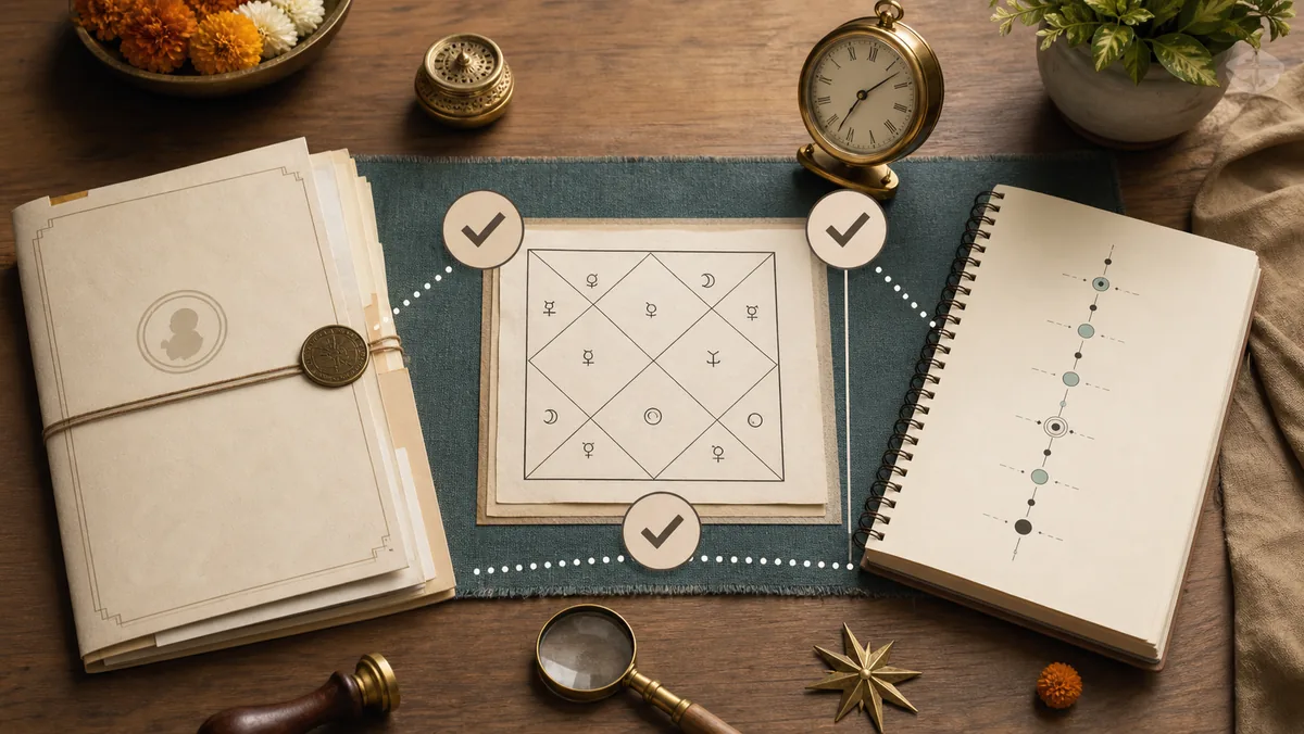 Birth time rectification checklist with a kundli chart, clock, records, and milestone notebook