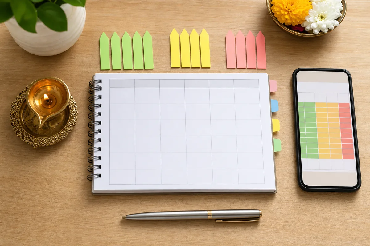 A practical Choghadiya planning desk with color-coded timing markers and a blank daily planner