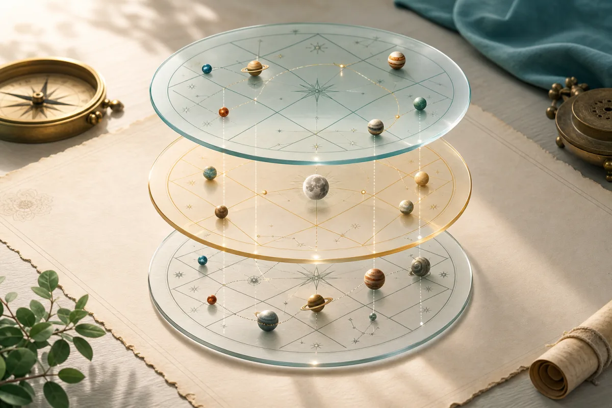 Layered Vedic chart overlays showing natal chart, Moon sign, and current Gochar transit layers