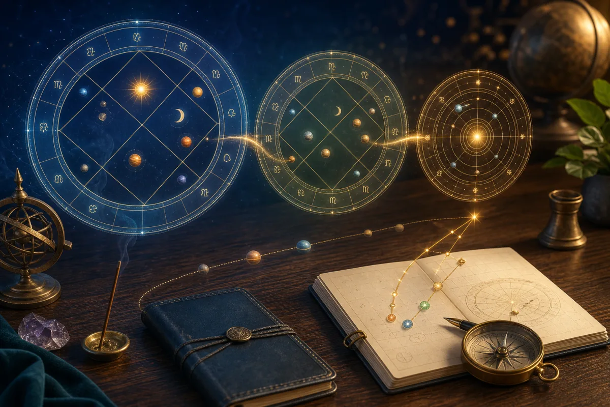 Layered Vedic chart wheels showing a D1 to D10 career timing workflow