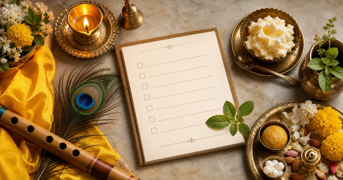 Janmashtami puja preparation checklist with flute, tulsi, diya, and offerings