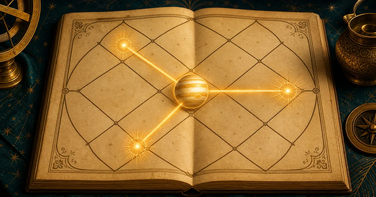 Golden aspect map showing Jupiter casting three rays across a Vedic birth chart