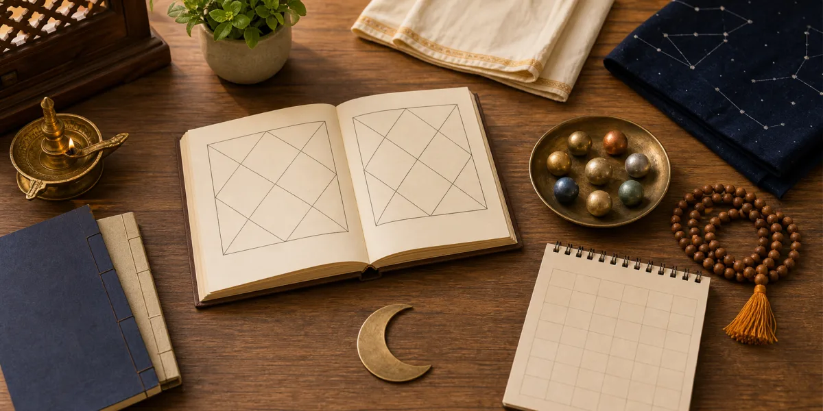 A calm beginner Jyotish study setup with a blank birth chart, planet tokens, moon marker, and prayer beads