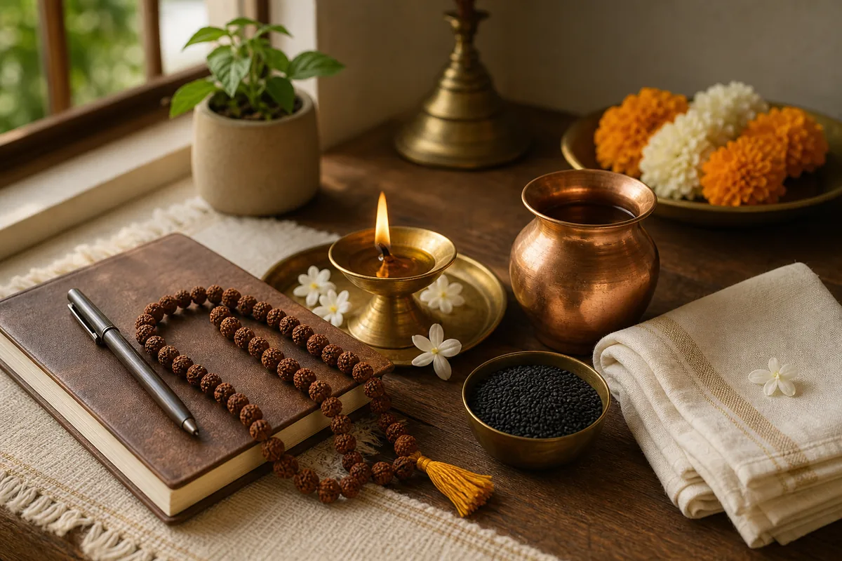 Peaceful Kaal Sarp remedy practice setup with diya, mala, notebook, copper vessel, sesame seeds, and flowers