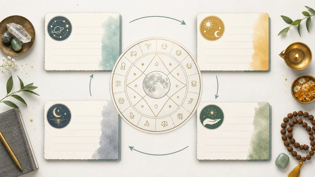 Monthly Vedic horoscope workflow with four weekly review cards around a Moon sign chart