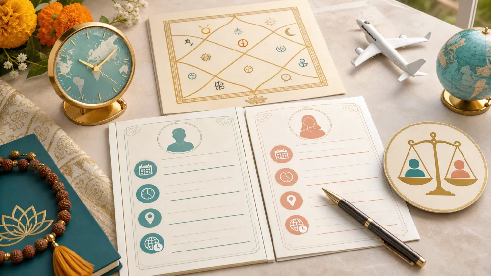 NRI birth details checklist with kundli chart, world clock, and travel symbols