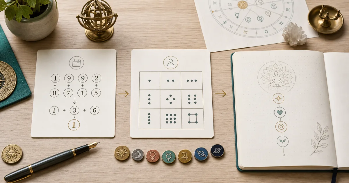 Numerology calculator workflow showing birth date, name number, and reflection journal steps