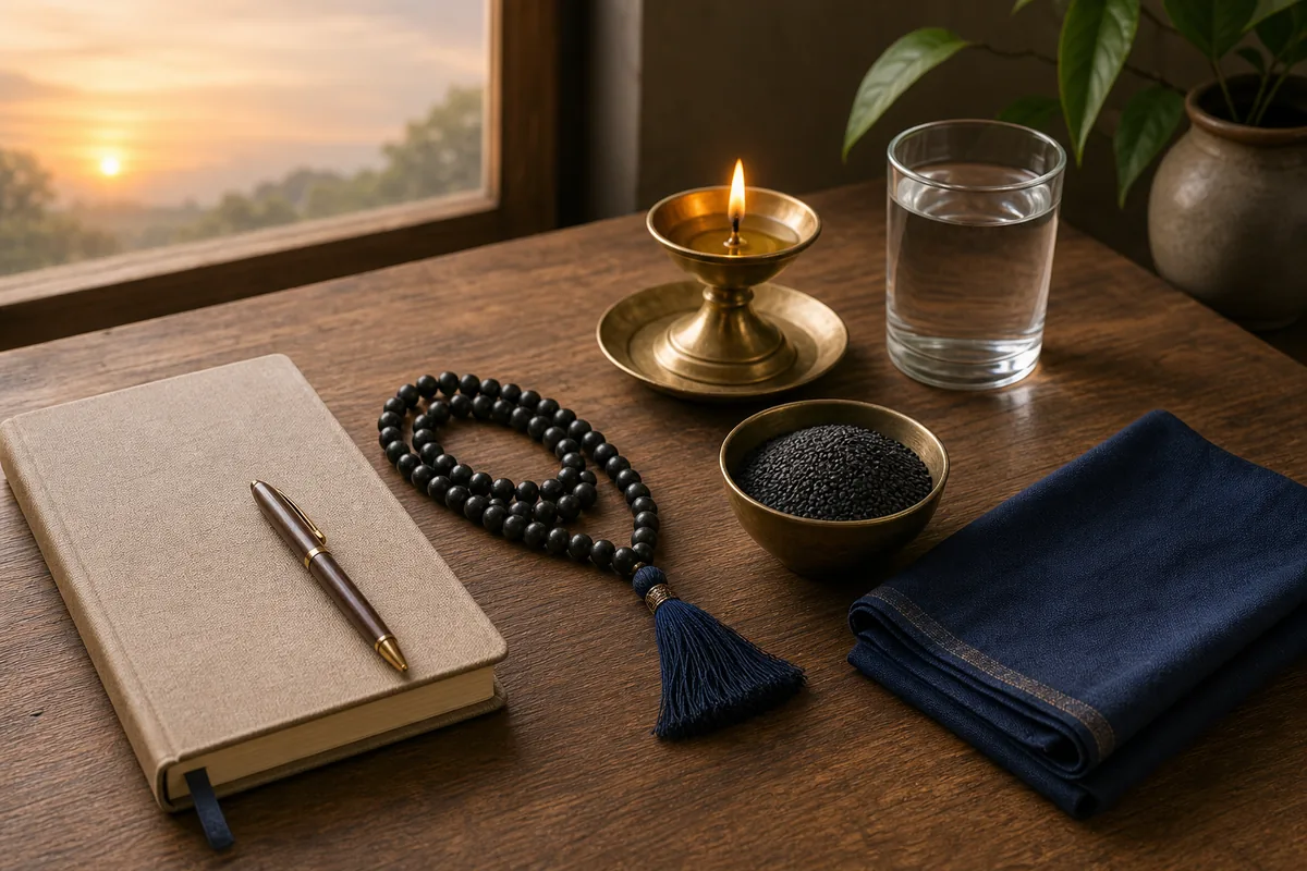 Simple Rahu remedy practice setup with a diya, mala, notebook, sesame seeds, and water