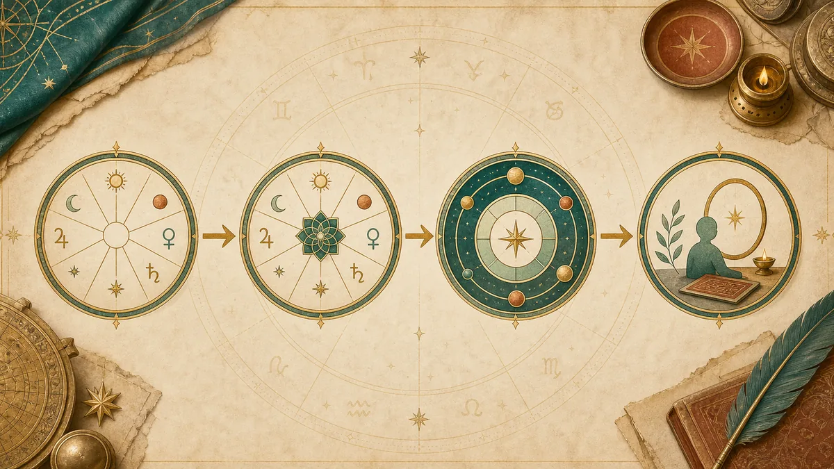 Layered Vedic chart workflow for reading D1 promise, Saptamsa D7 refinement, dasha timing, and practical reflection