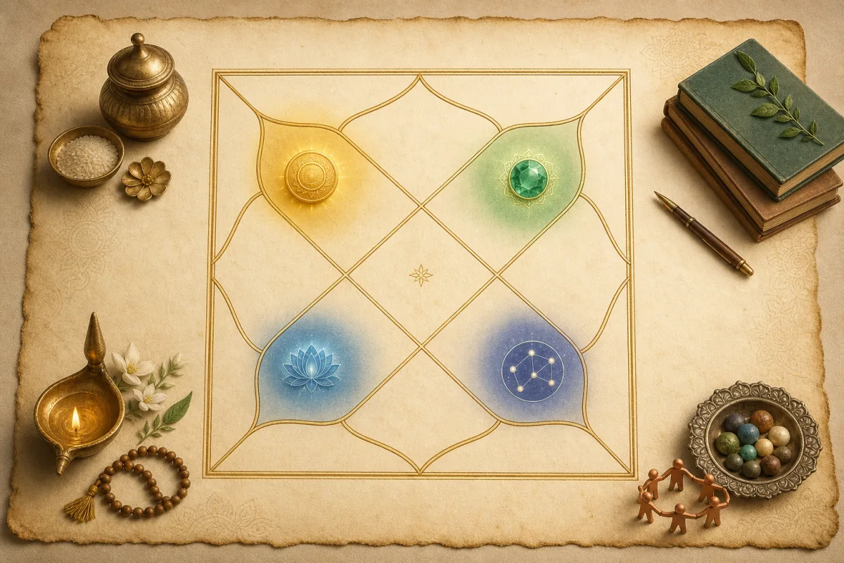 Illustration of highlighted yoga patterns in a Vedic birth chart