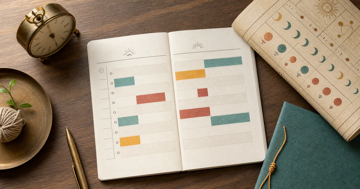 Daily Panchang planner with color-coded caution windows and calm morning desk setup