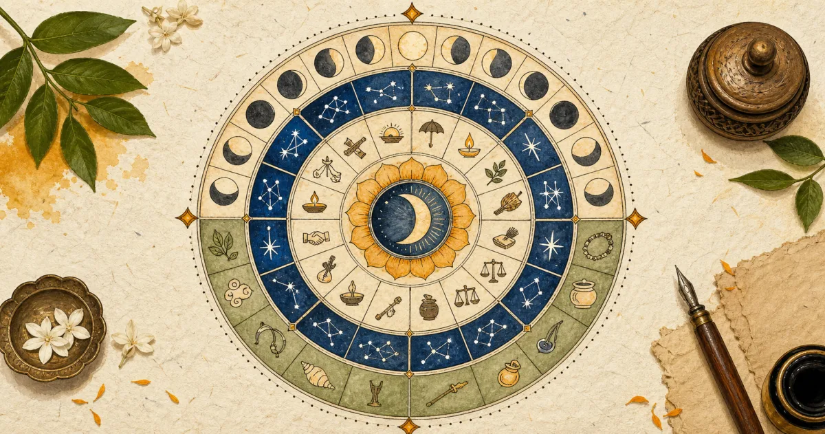 Illustrated Panchang workflow wheel showing lunar phases, star fields, and symbolic daily timing bands